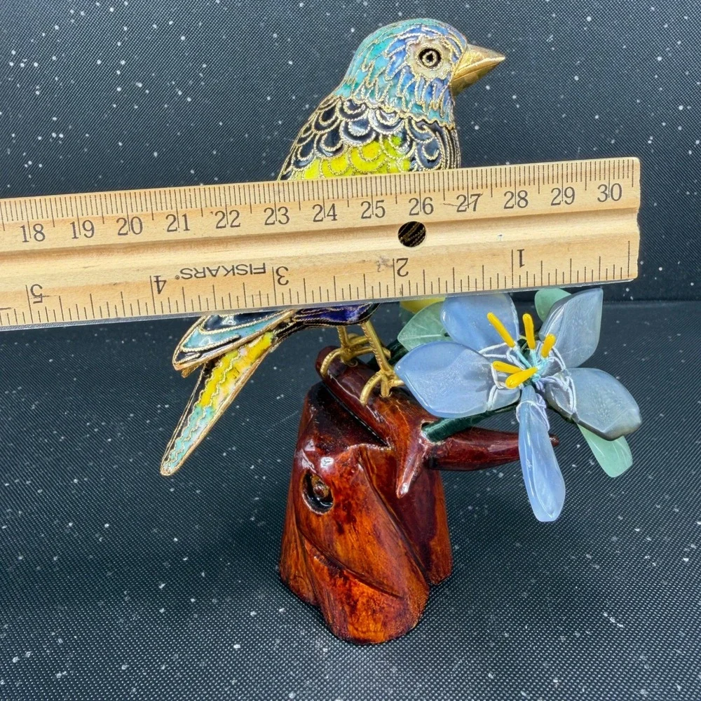 Cloisonne Enamel Bird Figurine Carved Wood Base Quartz Jade Stone Flowers 6in